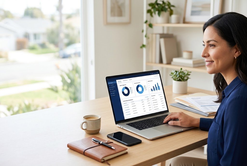 Virtual Bookkeeping for Small Businesses: Services, Costs & How It Works A small-business owner sitting at a brightly lit wooden desk in a modern Southern California office, using a laptop displaying an organized virtual bookkeeping dashboard with simple financial charts, next to a notebook, smartphone, and coffee cup.